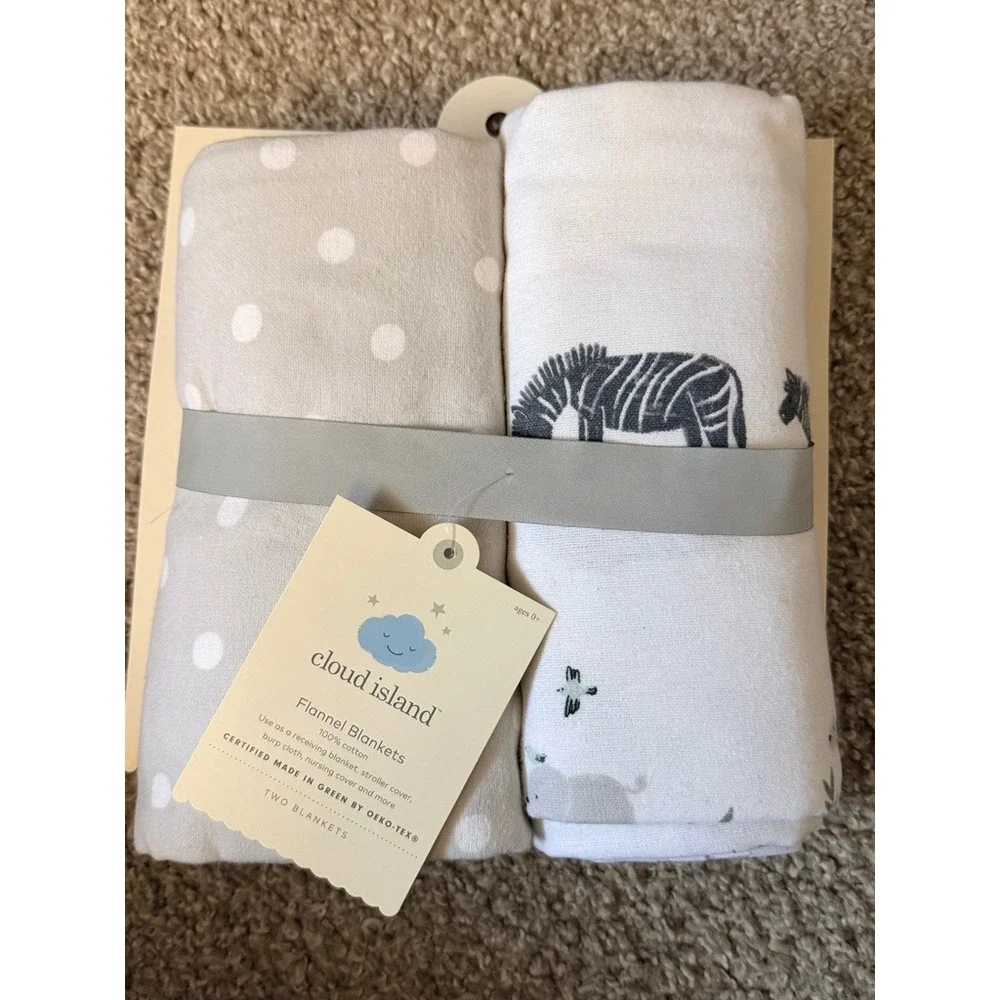 Cloud Island Flannel Blankets Baby 2pk Gray White‎ Safari Polka Dot NWT